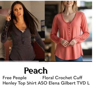 TOP FREE PEOPLE LONG SLEEVE HENLEY EMB LACE WORK CORAL 1/2 button SP FAIRYCORE